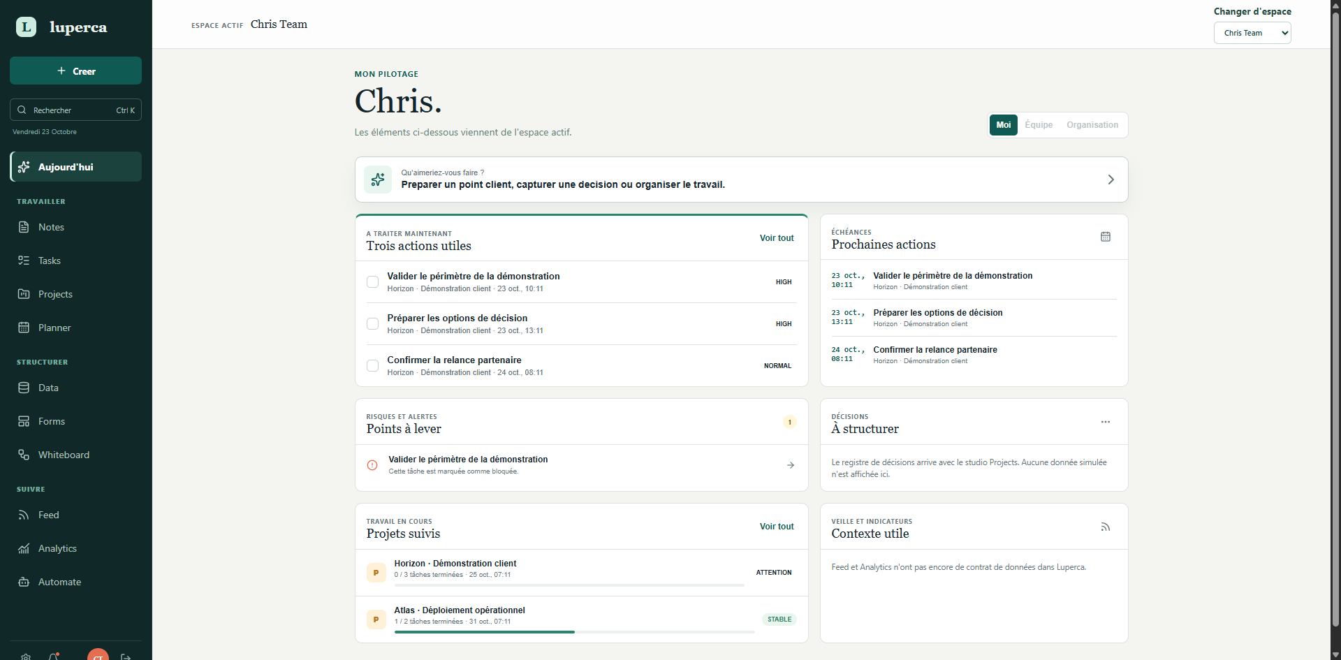 Pilotage Luperca avec actions, échéances, risques, projets et indicateurs