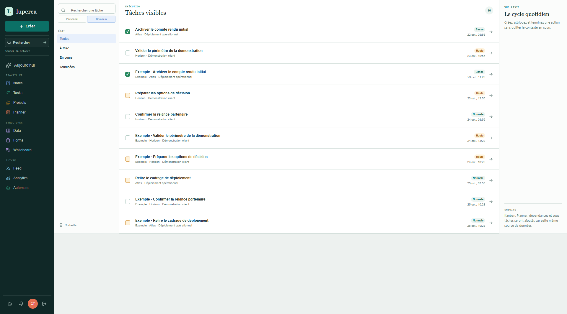 Studio Tasks de Luperca avec liste d'actions, priorités et échéances